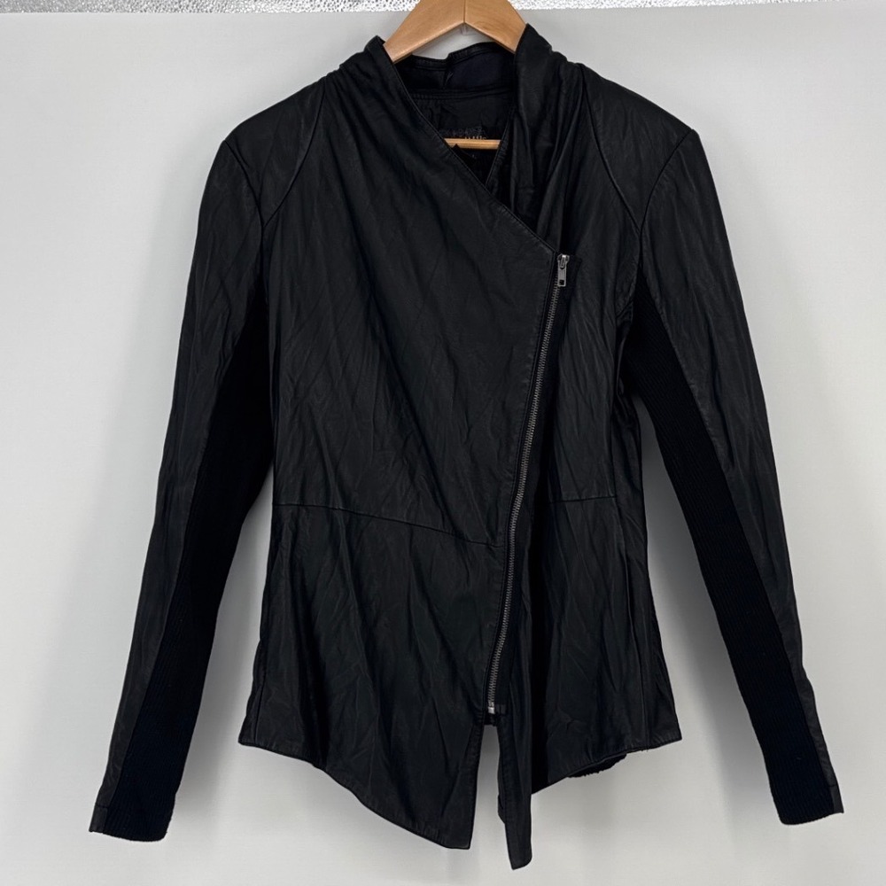 Live A Little Asymmetrical Zip Faux Leather Jacket Large Black Ribbed Sleeve